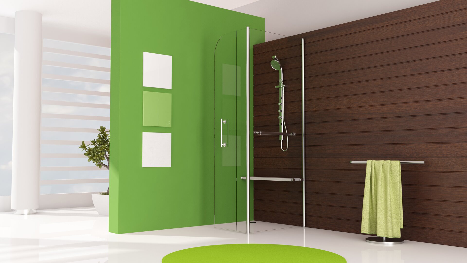 Dusche mit grüner Rückwand im Badezimmer