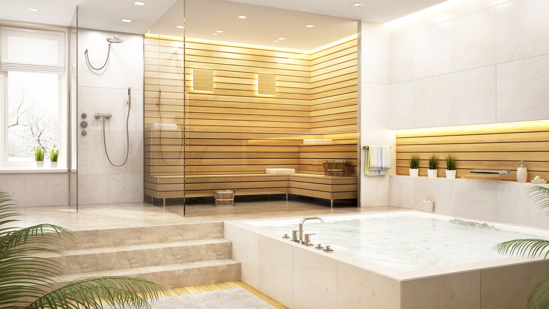 Modern bright bathroom with natural stone tiles, shower, hot tub and wooden sauna.
