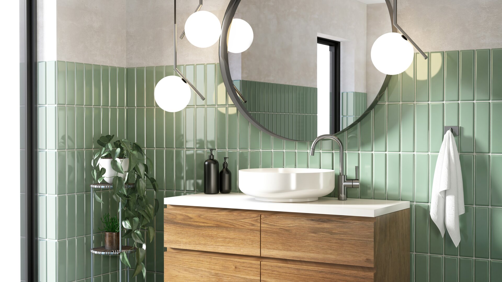 Modern bathroom with green tiles, large round mirror and bathroom cabinet with wooden front.