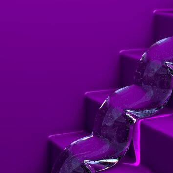 Visualizzazione astratta di un adesivo che corre su gradini; sfondo viola
