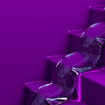 Visualizzazione astratta di un adesivo che corre su gradini; sfondo viola