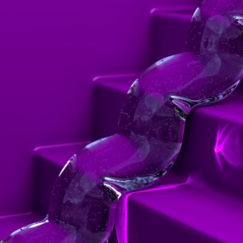 Abstrakte Visualisierung von Klebstoff, der über Stufen läuft; Hintergrund violett